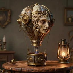 steampunk hot air balloon with a soul, on a wooden table, intricate detail, hyper detailed, ultra realistic, sharp focus, smooth, octane render, lantern, volumetric, ray tracing, artstation trending, cgsociety, sense of awe, mystical, by wolp and artgerm, midsommar 4 k