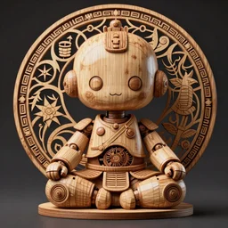illustration cute art toys wooden ultra clear sculpture of beautiful cute robot meditation position cybernetics samourai, low contrast, hyper realistic detailed render, hypermaximalist, ornate, epic composition, 4 k 8 k, cryengine octane blender, sharp focus, concept art, masterpiece of art by alphonse mucha