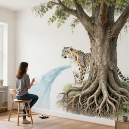 buttress tree roots, a female art student in her apartment with a river flowing through the wall, snow leopard, plants in glass vase, water, river, rapids, pig, canoe, pomegranate, berries dripping, acrylic on canvas, surrealist, by magritte and monet