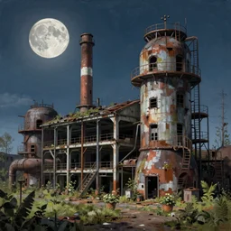 a beautiful photorealistic painting of industrial architecture abandoned nature urbex kingdom by ted nasmith, moon nature tokyo, archdaily, wallpaper, highly detailed, trending on artstation.