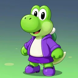 anthropomorphic light green yoshi wearing a purple jacket, black shirt, purple skirt, purple heels, nintendo, digital art, deviantart