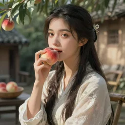 Amazing ultradetailed digital painting of girl in the village eating peaches trending artstation