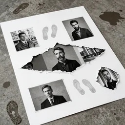 a big white ripped poster with pictures on the floor with puddles and boot prints on it, highly professionally detailed, highly detailed, professional light -