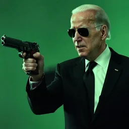 joe biden is [ agent smith ], the matrix movie, the matrix green green color grade, film still, key frame, dialogue scene, [ holding gun ], sunglasses, ear piece, [ black tie ]
