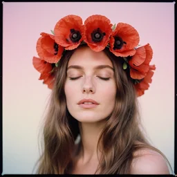 A color analog head and shoulder portrait photography of a woman wearing a poppy flower crown by Annie Leibovitz. Long hair. eyes closed. soft gradient pastel color background. Agfa Vista 800 film. detailed. hq. realistic. warm light. muted colors. lens flare. photoreal. Leica M9.