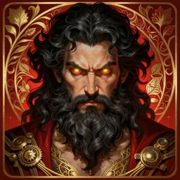 furious god zeus, wavy black hair, bushy beard, glowing eyes, volumetric lights, red and gold scheme, art nouveau botanicals, gothic, intricate, highly detailed, digital painting, artstation, concept art, smooth, sharp focus, symmetric face, illustration, steampunk, art by artgerm and greg rutkowski and alphonse mucha