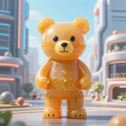 portrait of haribo bear in future city, color and shape focus, central composition, natural li