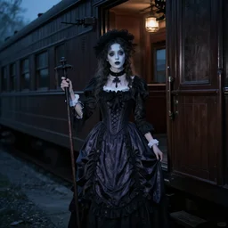 “ghostly woman in a Victorian gown on haunted train, spooky, horror, atmospheric lighting”