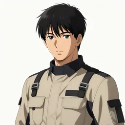 Anime portrait of a man by Mahiro Maeda, he is about 30 years old, short black hair with bangs, his features are a mix between French, Turkish and Russian and he is wearing a beige and black utility jumpsuit, highly detailed portrait, digital painting, artstation, concept art, smooth, sharp foccus ilustration, Artstation HQ