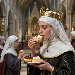 closeup profile portrait of a tin toy medieval nun wearing a crown eating cakes in the cathedral, nicoletta ceccoli, mark ryden, lostfish, max fleischer, depth of field, detailed and intricate gothic environment, 8 k resolution, hyperrealistic, octane render