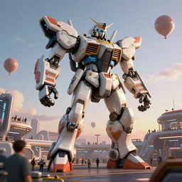 a beautiful hyperrealistic ultradetailed 3 d render of a gigantic mecha guarding a sci - fi spaceport, by david finch : 3, mech, unreal engine, octane render, gigantic, unreal engine, octane render, 3 d, brilliantly coloured, intricate, ultra wide angle, trending on artstation, dusk, volumetric lighting, hdr, polished, micro details, ray tracing, 8 k : 2, people, sphere, balloon, blurry, blur, depth of field, dof, bokeh, obscured, macro : - 1