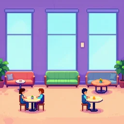 people communicating on small round tables and standing, in large lounge with tall windows, gameplay still frame, 4 colors, pixel art, retro, splash screen, level design, high contrast, background, deep focus, highly detailed, dramatic lighting, digital painting, artstation, concept art, matte, greg rutkowski, moebius, illustration.