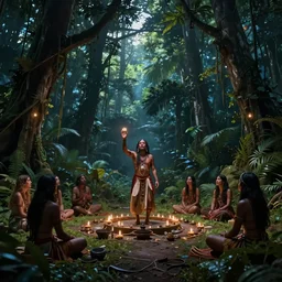 a shamanic ceremony in the jungle by night with a shaman invoking spirits, matte painting, art by christophe vacher
