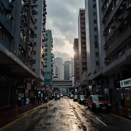 rainy Hong Kong downtown city street