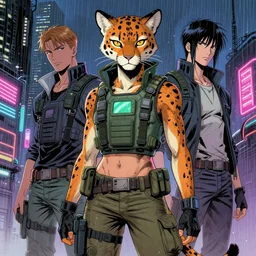 beautiful portrait commission of a female furry anthro spotted cougar wearing a bullet proof vest and cargo pants. Cyberpunk city at night in the rain. Neon light. Atmospheric. Character design by charlie bowater, ross tran, artgerm, and makoto shinkai, detailed, inked, western comic book art