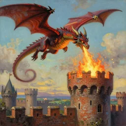 book cover illustration, of a medieval fantasy dragon, flying while breathing fire upon a brick castle tower, oil painting, art by brothers hildebrandt, in the style of studio ghibli, cinematic, vibrant, intricately detailed, comfy, dreamlike, ethereal, high - readability, extremely immersive