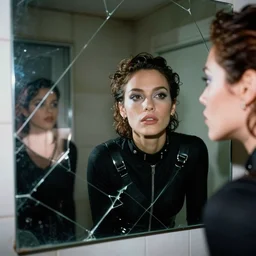 cinestill 5 0 d candid photographic portrait by stanley kubrick of a beautiful mixed feminine man wearing black techwear and light makeup looking in a broken bathroom mirror, rundown new york apartment, medium closeup, retrofuturism grunge cyberpunk lights shadows refraction, 3 5 mm, f / 3 2, 4 k, 8 k, hd, high resolution, ultra realistic faces, intricate detail