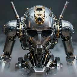 very up close portrait, of super advanced nano metal military robot armed with future technology hidden in smoke ， full face frontal centered ， mysterious glasses, with complicated metal mechanical cameras, ultra detailed wire decoration, complex golden future mechanical device ， micro detail, by nixeu and guweiz weta, sleek curves, intricate sharp focus, trending on artstation hq, deviantart, pinterest