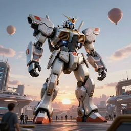 a beautiful hyperrealistic ultradetailed 3 d render of a gigantic mecha guarding a sci - fi spaceport, by greg rutkowski : 3, mech, unreal engine, octane render, gigantic, unreal engine, octane render, 3 d, brilliantly coloured, intricate, ultra wide angle, trending on artstation, dusk, volumetric lighting, hdr, polished, micro details, ray tracing, 8 k : 2, people, sphere, balloon, blurry, blur, depth of field, dof, bokeh, obscured, macro : - 1