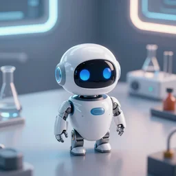 a cute rounded tiny robot looking up to the camera smiling, made out of shiny white metal, standing on a lab table surrounded by lab tools, photograph, white neon lighting, pixar style, futuristic, science fiction, high perspective, macro