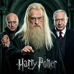 dumbledore, voldemort and benjamin netanyahu in a harry potter movie poster, philosopher's stone, chamber of secrets, hogwarts, wands, highly detailed, by drew struzan and bruce pennington