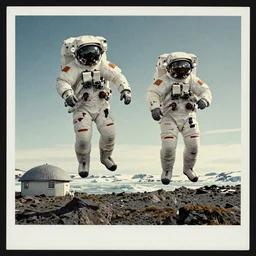 Lars von trier movie poster of two astronauts floating in iceland landscape, surreal ,vintage, collage