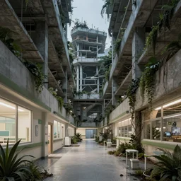 a beautiful photorealistic rendering of hospital corridor architecture unfinished building nature by moshe safdie, sci - fi cyberpunk sea tokyo apocalyptic bioshock wilderness reclaimed by nature futuristic at night dieselpunk, archdaily, wallpaper, highly detailed, trending on artstation.