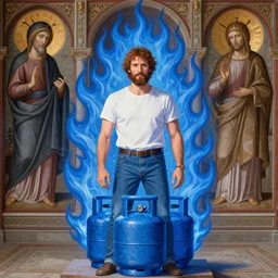 hank hill as the saint of propane, white tshirt, blue jeans, surrounded by blue fire, surrounded by blue flames, renaissance religious painting, late gothic religious paintings, byzantine religious art, trending on artstation