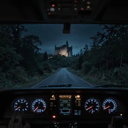 Throughout the cockpit of a car, the sight of a haunted castle on the far horizon, over a mound, just at the end of a road flanked by trees and under a black starry night.
