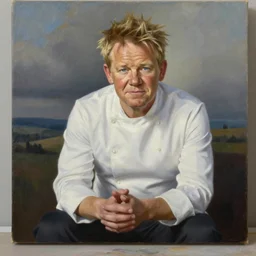 A medium shot of Gordon Ramsay, oil on canvas, studio lighting