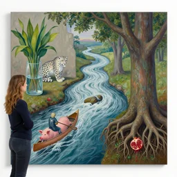 buttress tree roots, a female art pathologist in her apartment, a river flowing through the wall, snow leopard, plants in glass vase, water, river, rapids, pig, canoe, pomegranate, berries dripping, acrylic on canvas, surrealist, by magritte and monet
