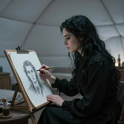 Nosferatu sits in an igloo while drawing a self-portrait, over the shoulder view