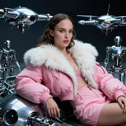 beautiful fantasy character portrait, natalie portman, wearing pink puffy bomber jacket with white fur, seductive reclining pose, futuristic chrome drones, ultra realistic, dramatic lighting, robots, the terminator artifacts, highly detailed by peter mohrbacher, hajime sorayama, wayne barlowe, boris vallejo, aaron horkey, gaston bussiere, craig mullins