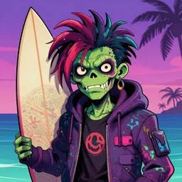 gorillaz style vibrant undead surfer, sharp, centered focus, intricate detail, by jamie hewlett and artgerm, cel shading, toon shading, trending on artstation