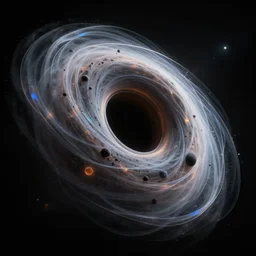 realistic photo of one black hole in space, diagram, volumetric, particles, physical, translucence, cinematic lighting, iridescence