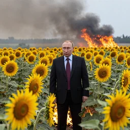 Putin standing among a burning field of sunflowers,