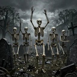 Skeletons rising from the grave un a Gothic cematery
