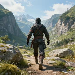 **Ninja warrior walking through the valley in the mountains, ultra realistic, HD, high quality, 3D rendering, high detailed, 8K,