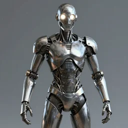 a full body depiction of a metallic man with emissive round ocular eyes and a radiator like mouth, with corrugated limbs and plated armoring across their entire body