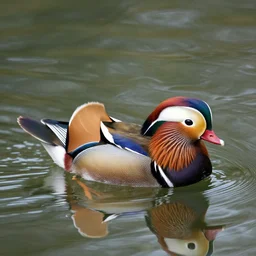 a mandarin duck swimming in a small pond, photo, realism