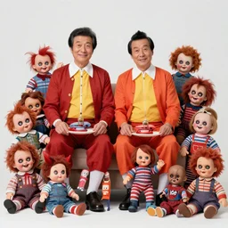 a photograph of grandparents wearing flinstones costume, with many diabolical dolls, the creepiest kids toys ever made, poppy playtime style, cursed dolls, with crazy laughs and crazy eyes, like little miss no name, face bank, fearsome flush, german mickey mouse, blippy in the box, jolly chimp, fingertronic howdy doody electronic puppet, skinny bones, cursed teletubbies, trolls, boobahs, taken by martin parr, saturated colour photo kodachrome