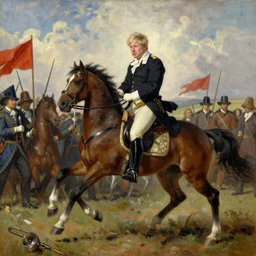 Boris Johnson riding a horse into battle, oil painting
