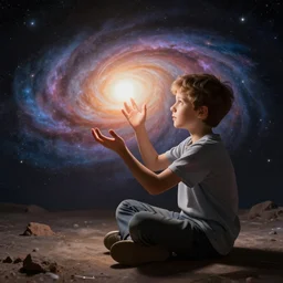 a boy sitting on his own with the universe laid bare before him and playing with reality