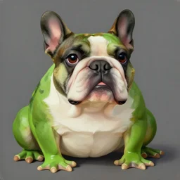 portrait of a bulldog frog, hybrid chimera mix between french bulldog and frog, with the head of a french bulldog and with the body of a frog, concept art, smooth, flat cel shaded, cgsociety, artstation, highly detailed, oil painting by greg rutkowski, greg hildebrandt, tim hildebrandt