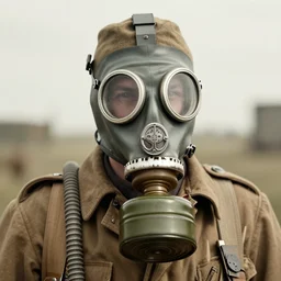 person wearing gas mask with hose,ww1 photo, high detail, high resolution