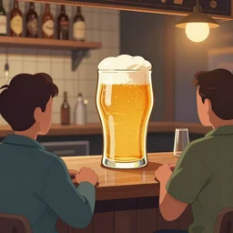 a anthropomorphic pint of beer, customer, waits to be served by the bartender