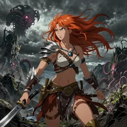 realistic detailed image of a female Amazon warrior auburn hair blowing in an angry, stormy mountain top, anime art, anime, inspired by Mark Ryden and H.R. Giger and Zdzislaw Beksinski, gothic, rich deep colors. A masterpiece.