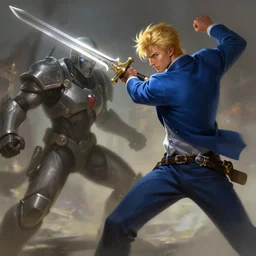 a blonde man in a blue suit swinging a sword at a man in a crysis suit, d & d, heartstone, digital painting, volumetric light, intricate, sharp, focus, bloom, illustration, highly detailed, concept art, matte, ruan jia, randy vargas, greg rutkowski