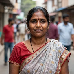 portrait Mid-shot of an Indian woman, candid street portrait in the style of Martin Schoeller award winning