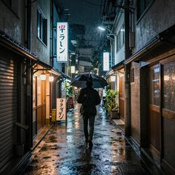 quiet tokyo alley at night, raining, hdr, hyper realistic, hyperdetailed, epic composition, cinematic lighting, masterpiece, street photography